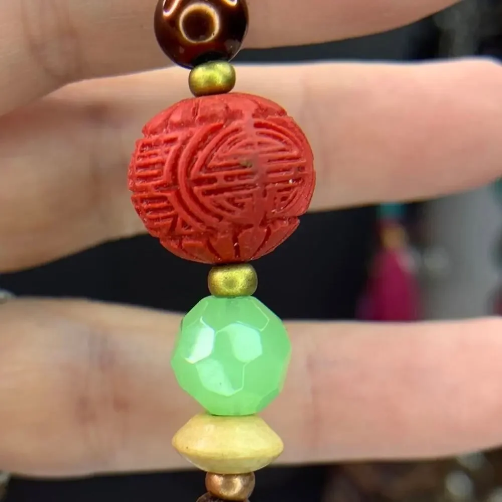 Boho Artisan Choker – Carved Cinnabar, Wood & Jade Green Glass